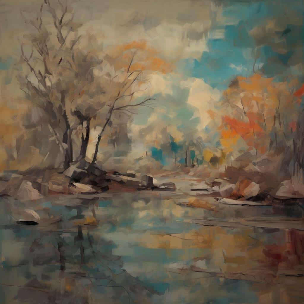 Ρεαλιστικό τοπίο με δέντρα και ποταμό σε φθινοπωρινά χρώματα, τέχνη και πολιτισμός, καλλιτέχνες και δημιουργία, ζωγραφική.