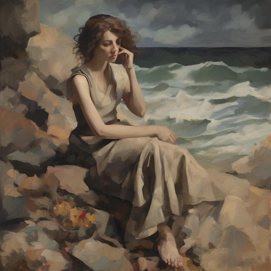 Ουκρανία, γυναικεία μορφή σε παραλία με θάλασσα και κύματα, τέχνη και πολιτισμός, καλλιτεχνική απεικόνιση, ζωγραφική.