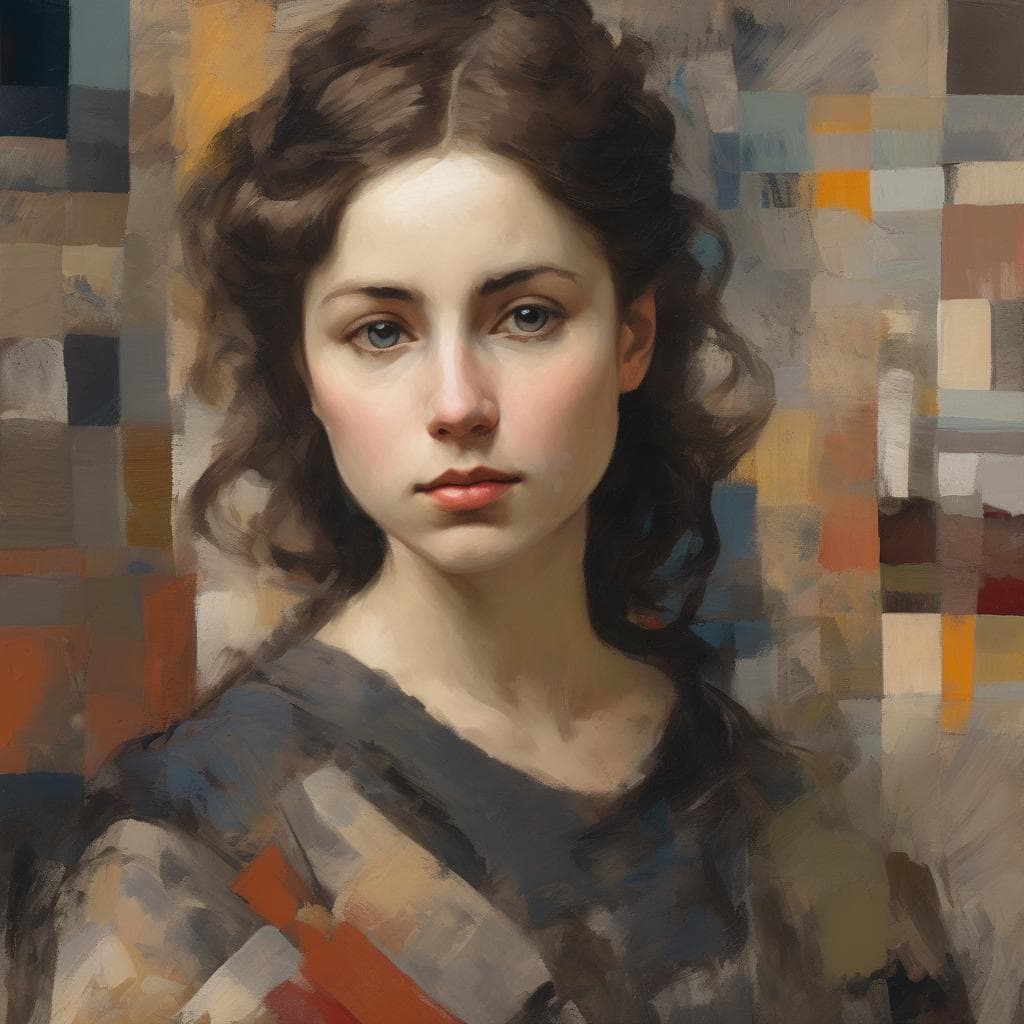 Οπίσθια πορτρέτο νεαρής γυναίκας με καστανά μαλλιά και γαλάζια μάτια σε ψηφιακή ζωγραφική εικόνα.