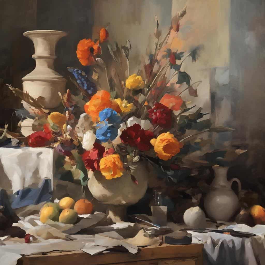 Πίνακας με ανθισμένα λουλούδια και γλυπτά, αναδεικνύοντας την τέχνη και τον πολιτισμό.